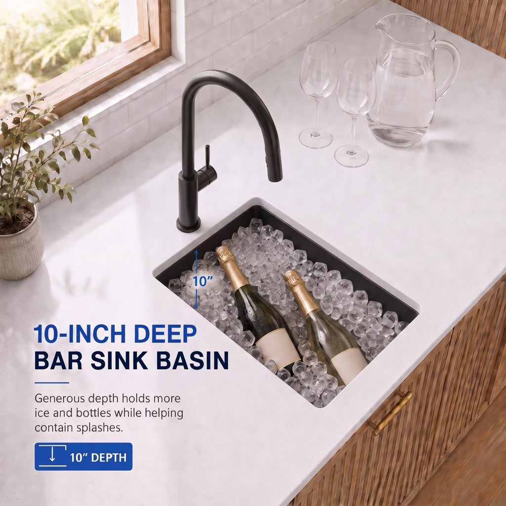 18 Inch Black Quartz Composite Kitchen Sink, Undermount, 10 Inch Deep