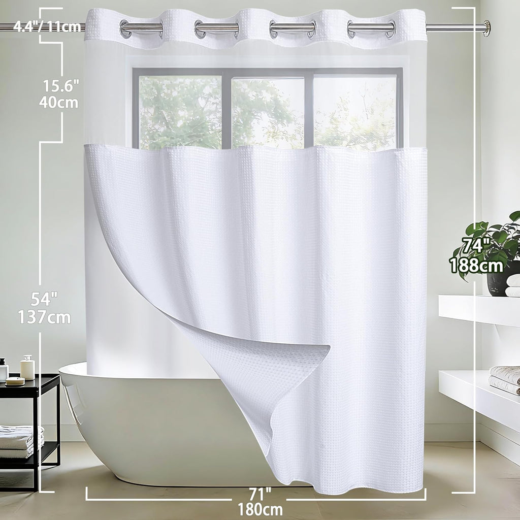No Hook Waffle Weave Shower Curtain with Snap in Liner Set, Hotel Luxury White Shower Curtains with See Through Top