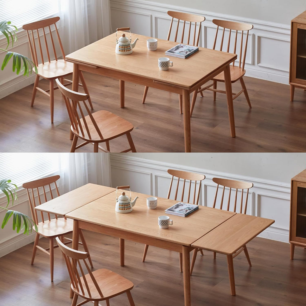 49.21’’-76.77’’ Extendable Dining Room Table for 6-10 Person, 100% Solid Wood Oak Dinner Kitchen Table, Mid Century