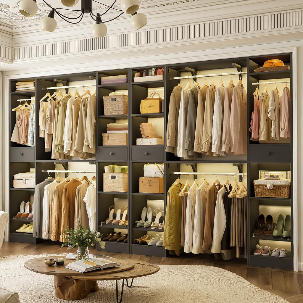 10-15FT Closet Systems, Large Wood Walk in Closet Organizer with Hanging Rods and Drawers, Heavy Duty Closets