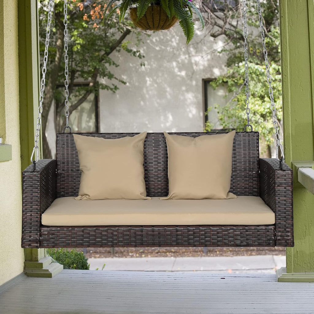 4FT Rattan Swing Bench, Wicker Hanging Porch Swing (Brown+Beige) | 2 Person Patio Bench Swings, Heavy Duty 800 LBS