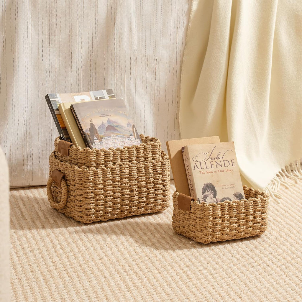 Small Wicker Baskets for Organizing, Desert 3 Pack | Decorative Organizer with Vegan Leather Tag, Round Handle