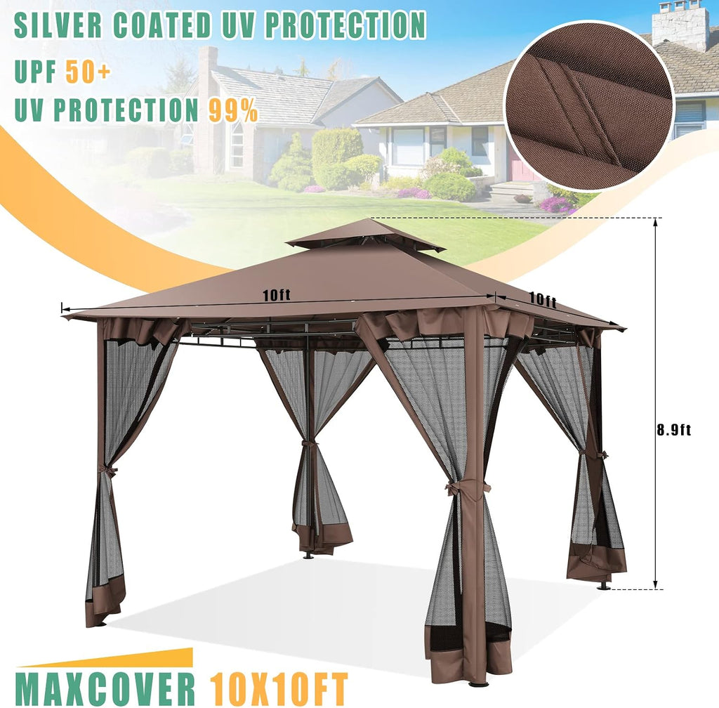 Outdoor Gazebo 10x10 Gazebos on Clearance with Netting, Waterproof Canopy Tent with Heavy Duty Party Tent Steel Frame