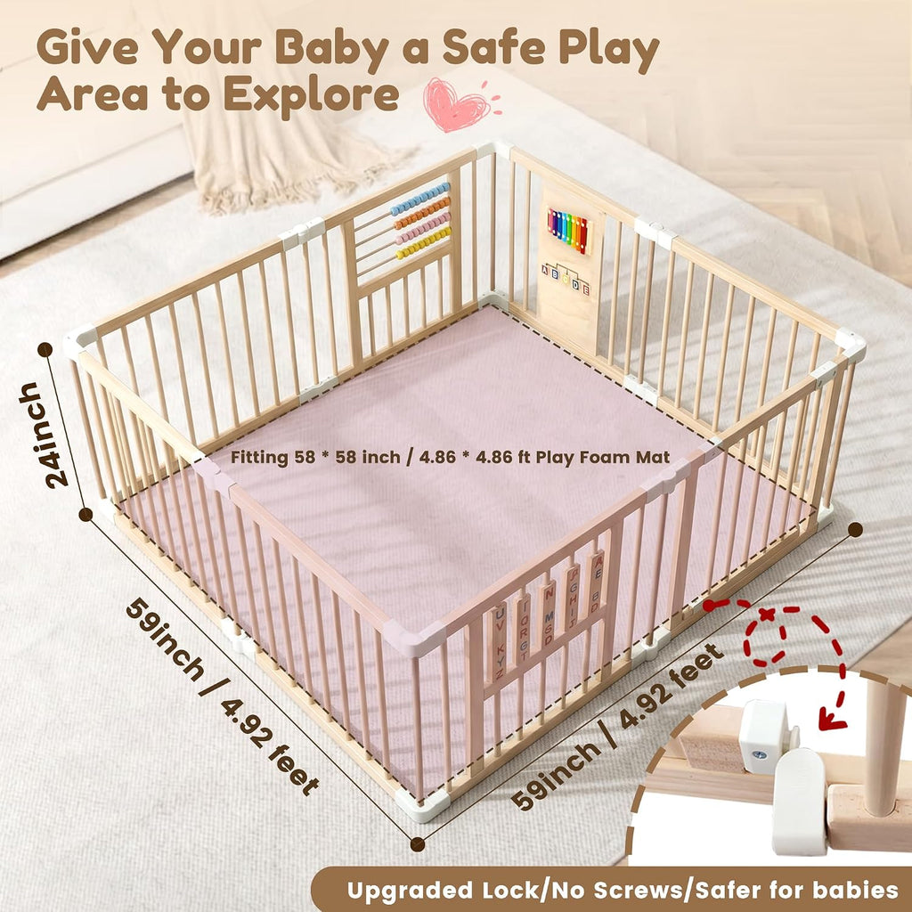 Wooden Playpen with 3 Learning Toys, Foldable 59x59, Babies & Toddlers | Learning toys: xylophone, abacus & blocks.