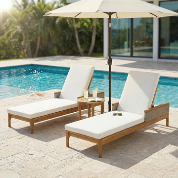 Outdoor Acacia Wood Chaise Lounge Chair Set of 2, Wooden Sunbathing Pool Lounger with Woven Rattan Accents