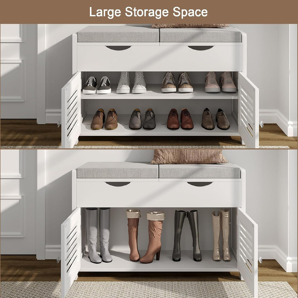 Shoe Storage Bench with Lift Top Storage, Entryway Bench with 2 Cushioned Seats, 3 Compartments, Adjustable Shelf