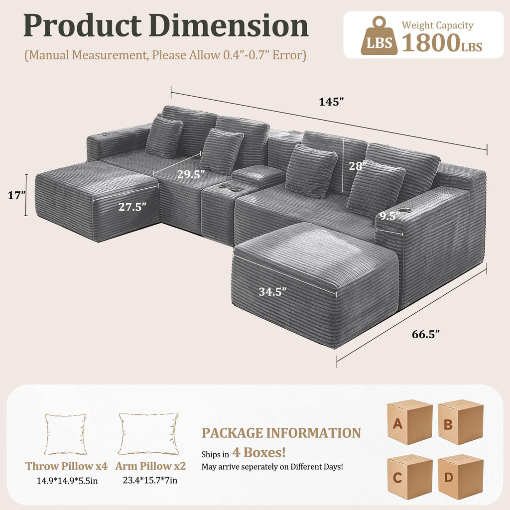 144.42" Oversized Boneless Sectional Couch for Large Living Room, Comfort Cloud Modular Sofa with Upgraded 3-Layer