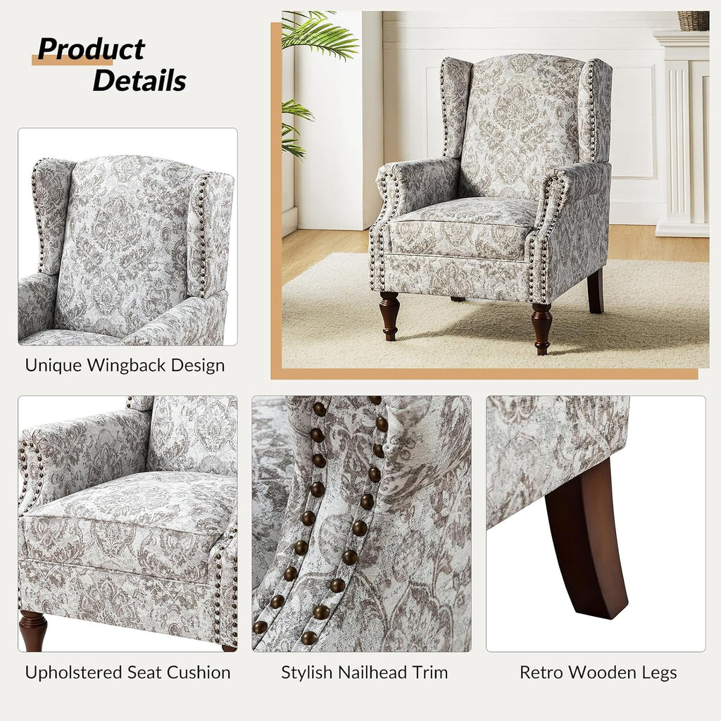 Wingback Accent Chair with Floral Pattern Design, Traditional Fabric Armchair with Nailhead Trim and Retro Wooden