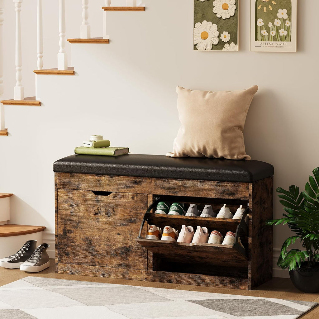 40" Shoe Storage Bench with 2 Flip Drawers & Padded Seat Cushion, Shoe Cabinet with Lift Top Storage Box, Shoe Bench