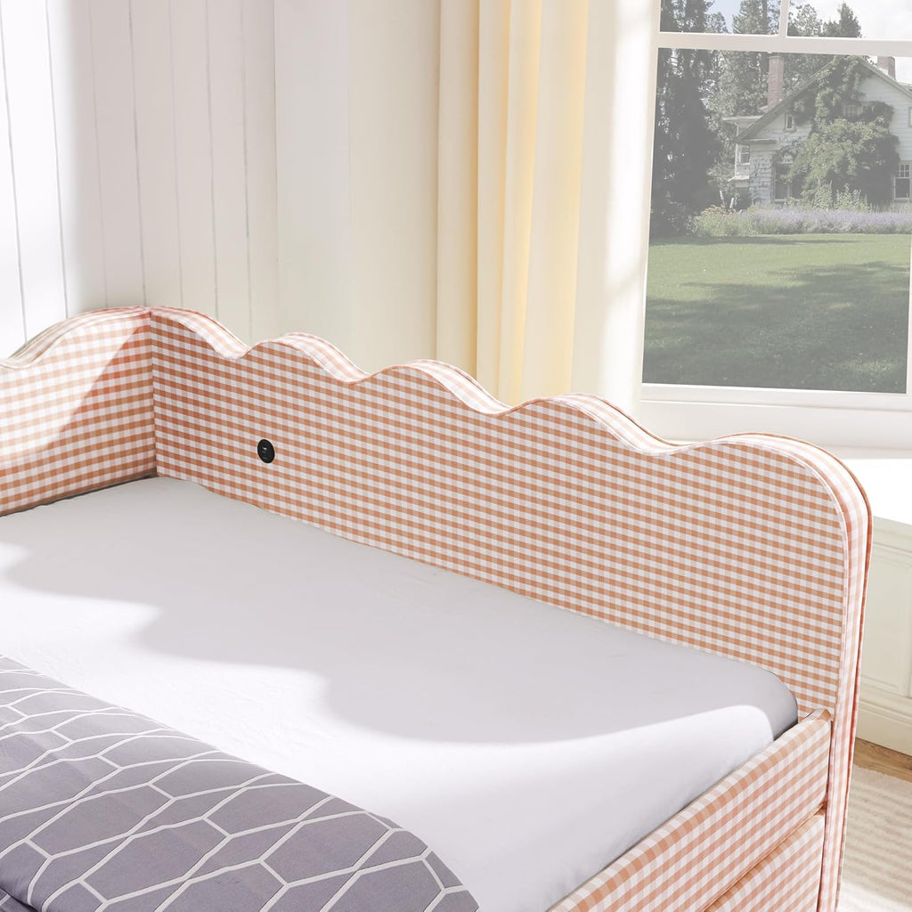 Daybed Queen Size with Two Storage Drawers,Gingham Upholstered Day Bed Frame Queen with USB Port & Wave Shaped