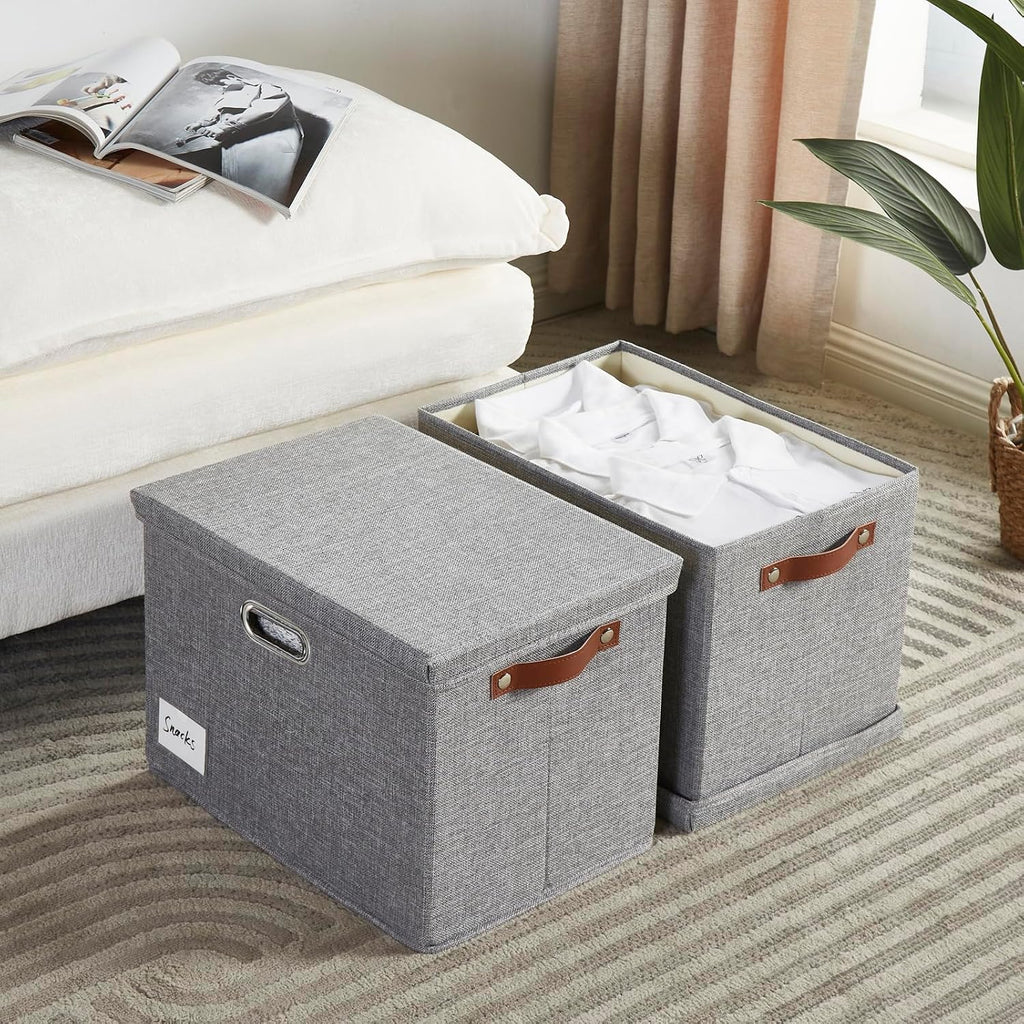 17" Large Collapsible Storage Bins with Lids, Stackable Closet Organizers with PU Handle and Labels, 3-Pack