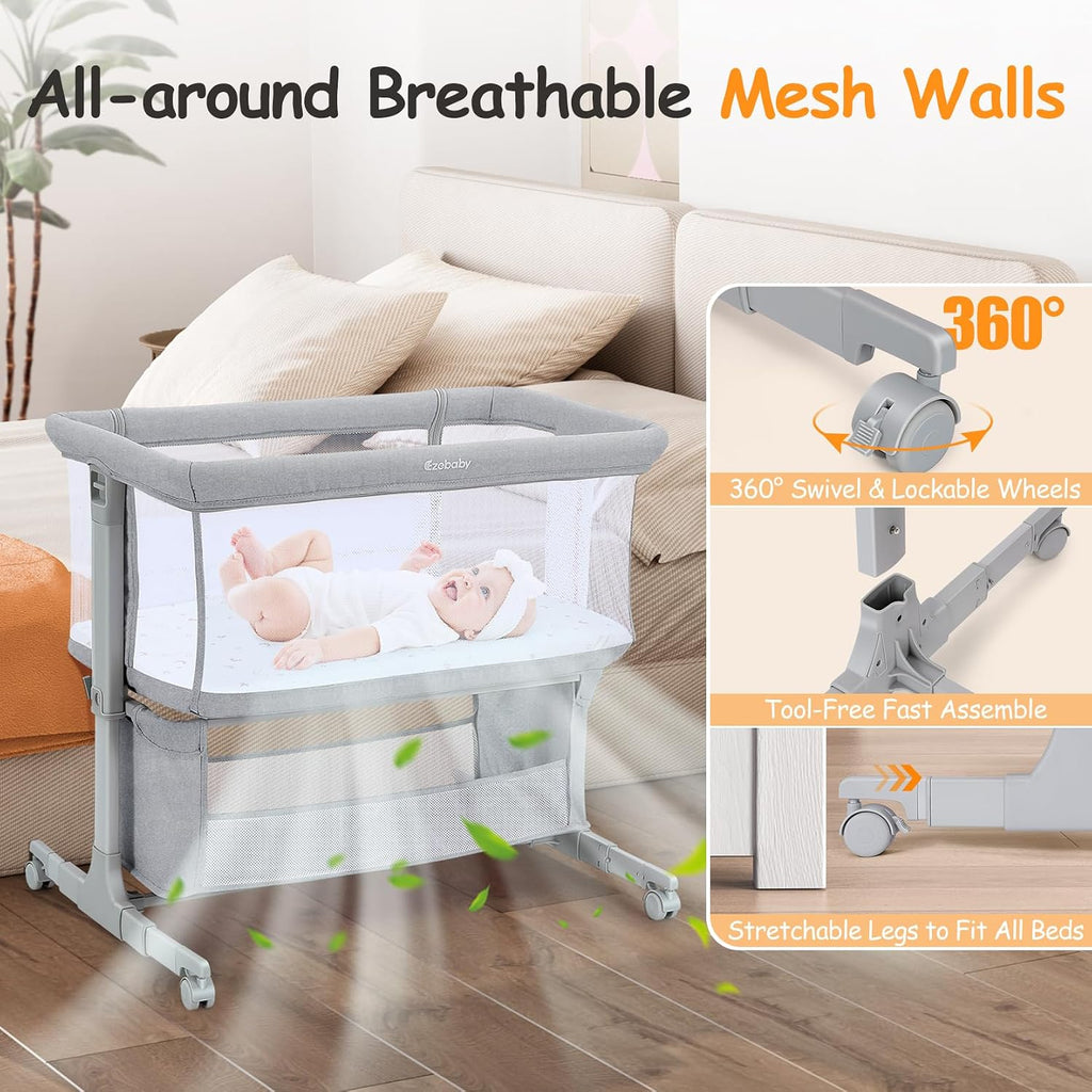 Bedside Bassinet for Baby, Portable Baby Bassinet Bedside Sleeper for Newborn Infants with Wheels Storage Basket