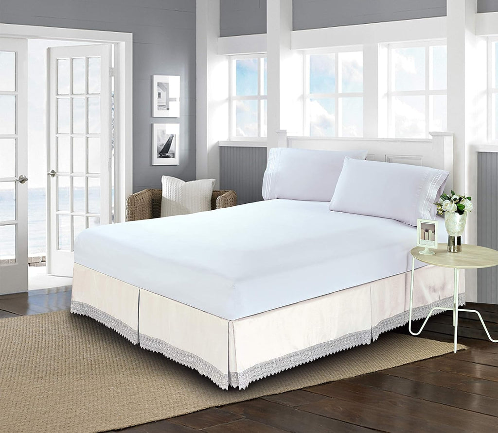 TM Silky-Soft Luxury Lace Fringe Dust Ruffle/Bed Skirt Microfiber Platform Wrinkle and Fade Resistant with 15inch Drop