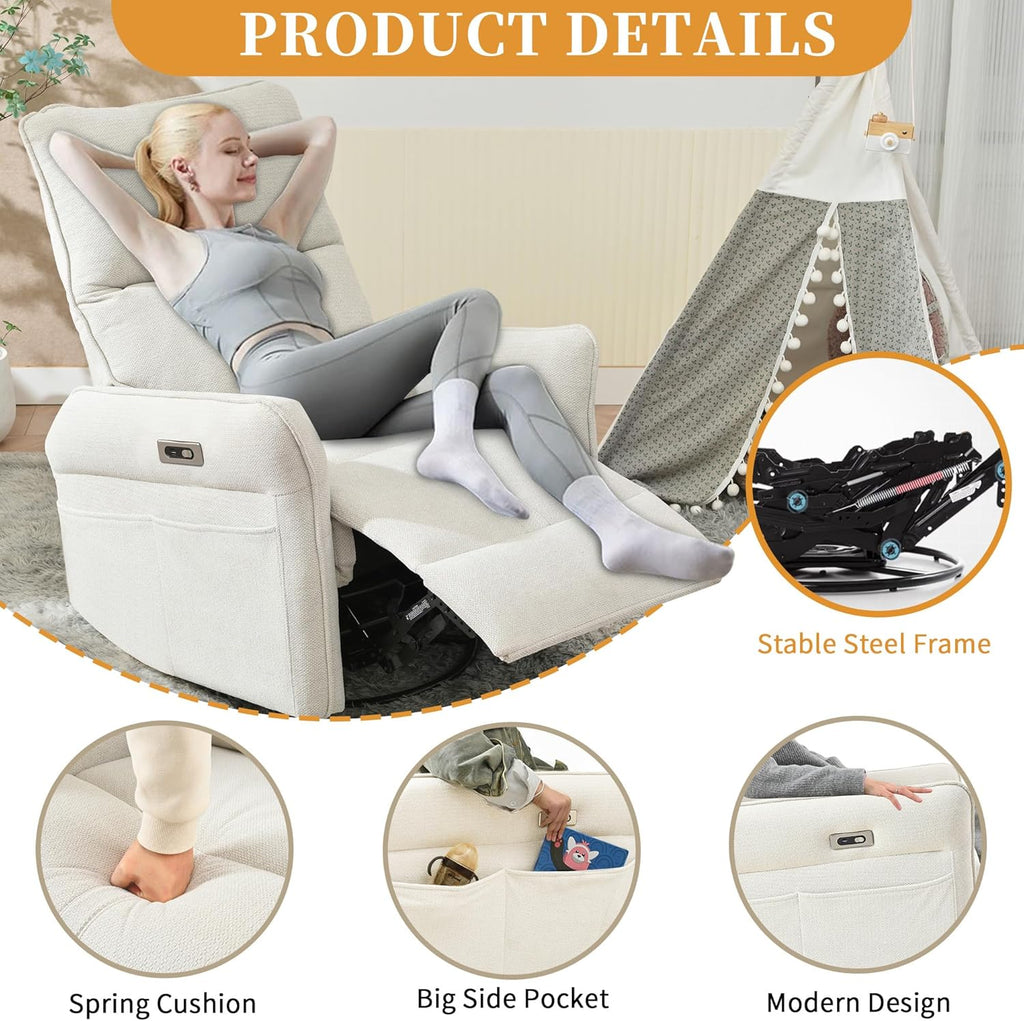 Power Swivel Rocker Recliner Chair, Upholstered Snowflake Velvet 270°Swivel Glider Rocker Chair with USB Ports