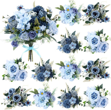 8 Pcs Gradient Blue Artificial Flowers Bouquet Peonies Silk Dahlia Faux Rose Fake Chamomile Hydrangea Floral
