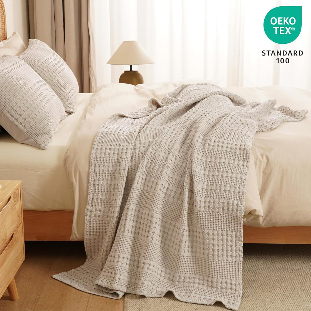 100% Cotton Waffle Throw Blanket, Lightweight Breathable and Soft for Summer, Luxury Aesthetic Waffle Weave Blanket