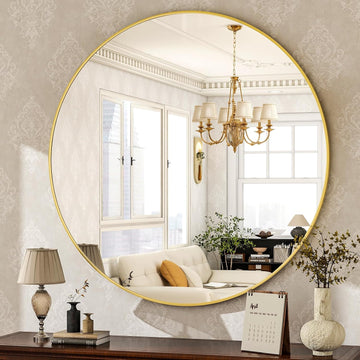 Round Mirror 30 Gold Wall Mounted Circle Mirrors Vanity Mirror with Brushed Aluminum Alloy Frame Modern Decoration