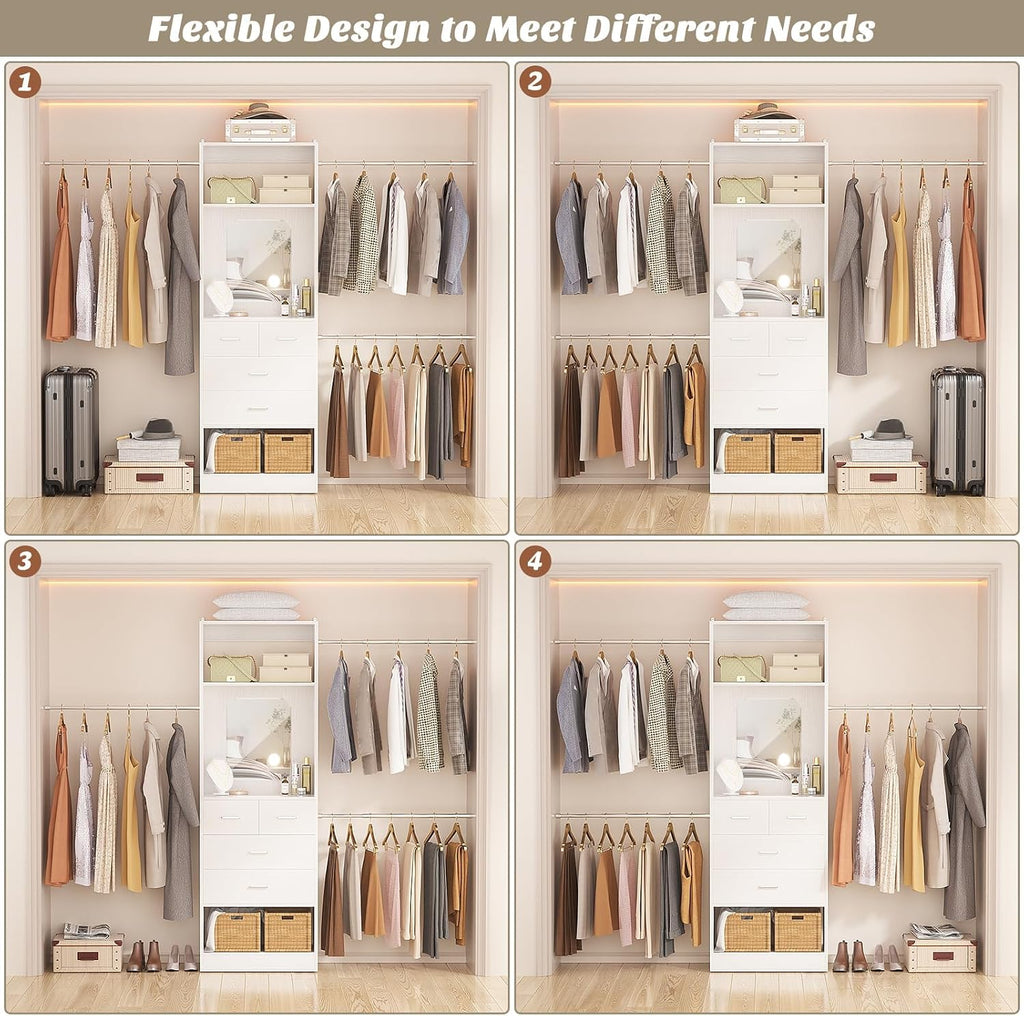 8FT Closet System with Mirror and 3 Extendable Hanging Rods, White | 48" - 96" Walk in Closet Organizer with 4
