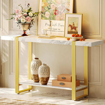 47.2 Inch Entryway Table with Marble Top, 2-Tier Modern Console Sofa Table with Storage, Accent Table, for Entry