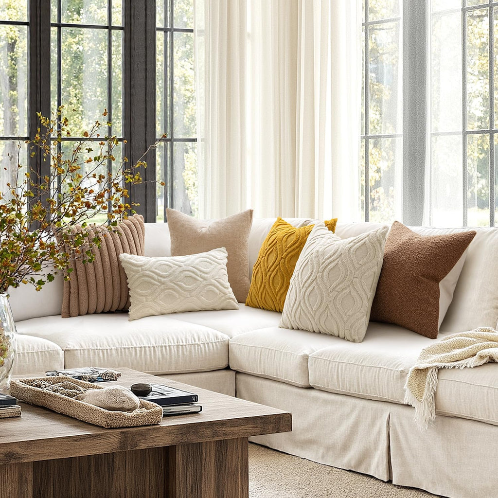 Beige Throw Pillow Covers 18x18 Inch, Neutral Soft Plush Faux Wool Solid Couch Pillows Set of 2, Decorative Farmhouse
