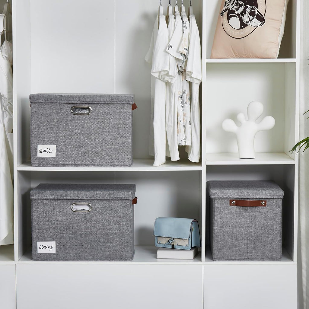 17" Large Collapsible Storage Bins with Lids, Stackable Closet Organizers with PU Handle and Labels, 3-Pack