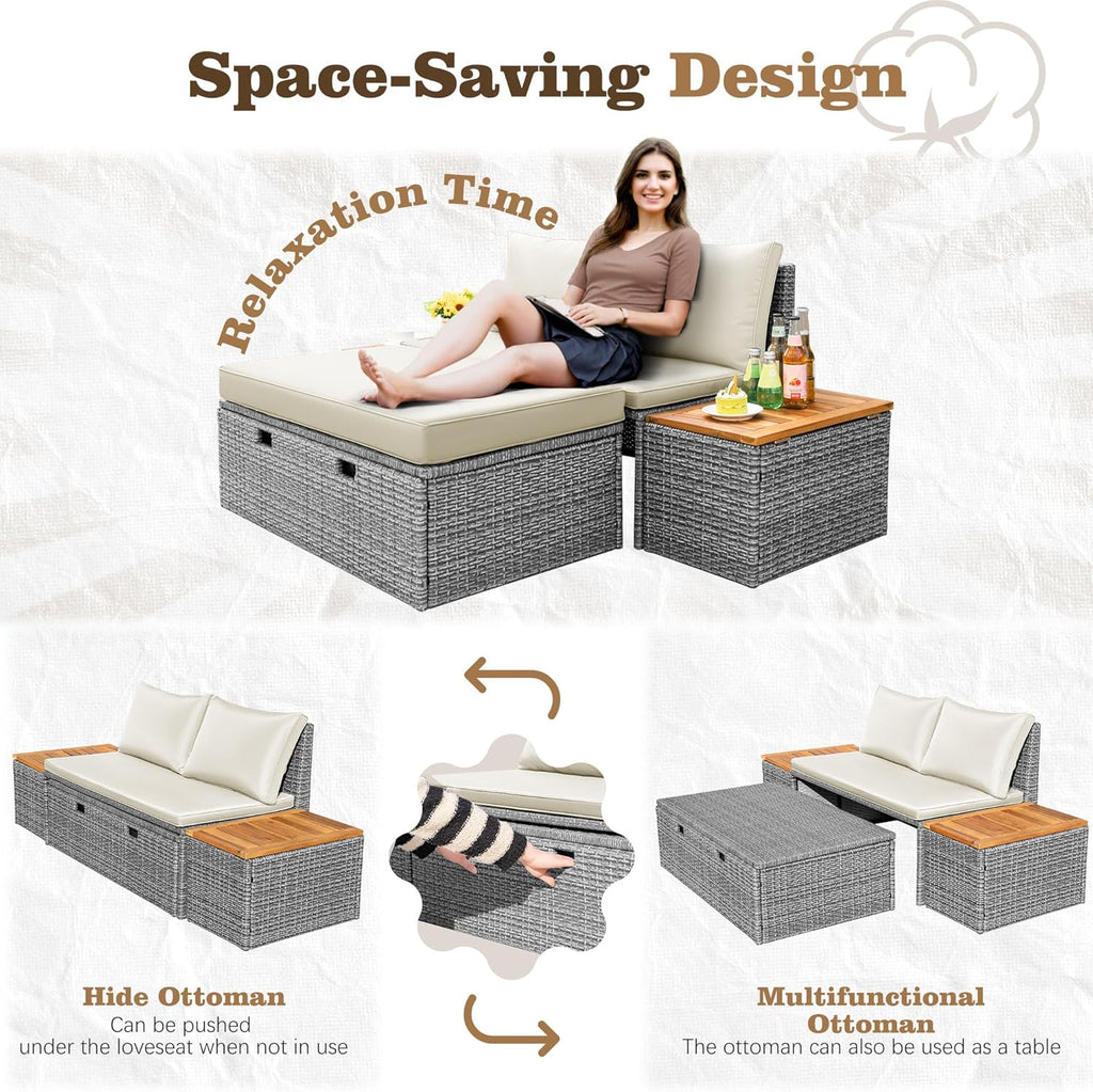 Outdoor Rattan Daybed with 2 Side Tables, Multifunctional Wicker Patio Sofa with Storage Ottoman, Cushions