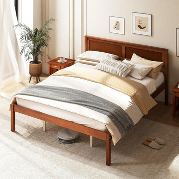 Queen Wood Platform Bed Frame with Headboard, Mid Century Queen Bed Frame with Wood Slat Support, Solid Wood