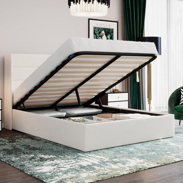 Queen Lift Up Storage Bed/Velvet Upholstered/Modern Wingback Headboard/Upholstered Platform Bed Frame/Hydraulic