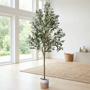 Artificial Olive Tree, 6ft Faux Tree with Woven Basket Decor
