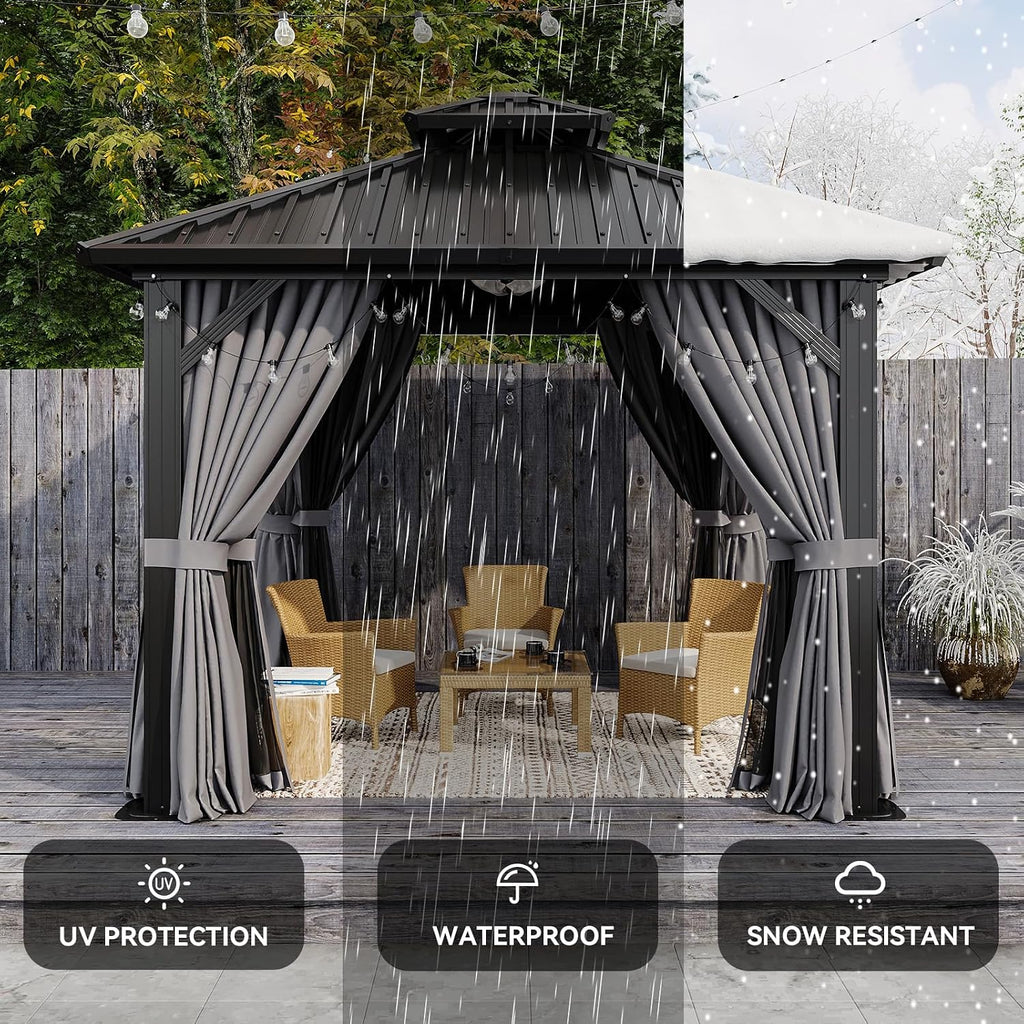 10’x12’ Hardtop Gazebo, Permanent Metal Pavilion with Galvanized Steel Double Roof