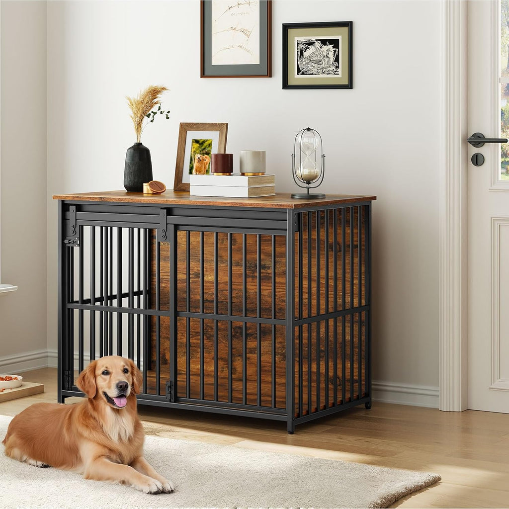 Dog Crate Furniture, 36.6" Heavy Duty Dog Kennel with Sliding Barn Door, Wooden Dog Cage Indoor