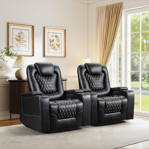 Power Recliner Chair with USB Ports and Cup Holders - Overstuffed Electric Home Theater Seating PU Leather Reclining Furniture with Hidden Arm Storage, Easy to Clean (Set of 2, Black) A120-B0D268R4LK