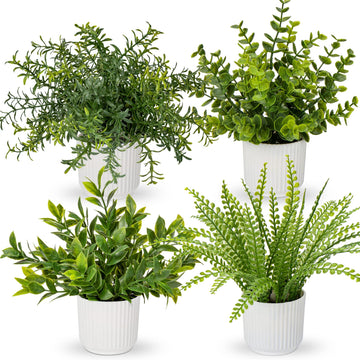 4 Pack Artificial Potted Plants Eucalyptus Rosemary Boston Fern ZZ Plant Fake Plant in Pot Small Faux Plant Greenery