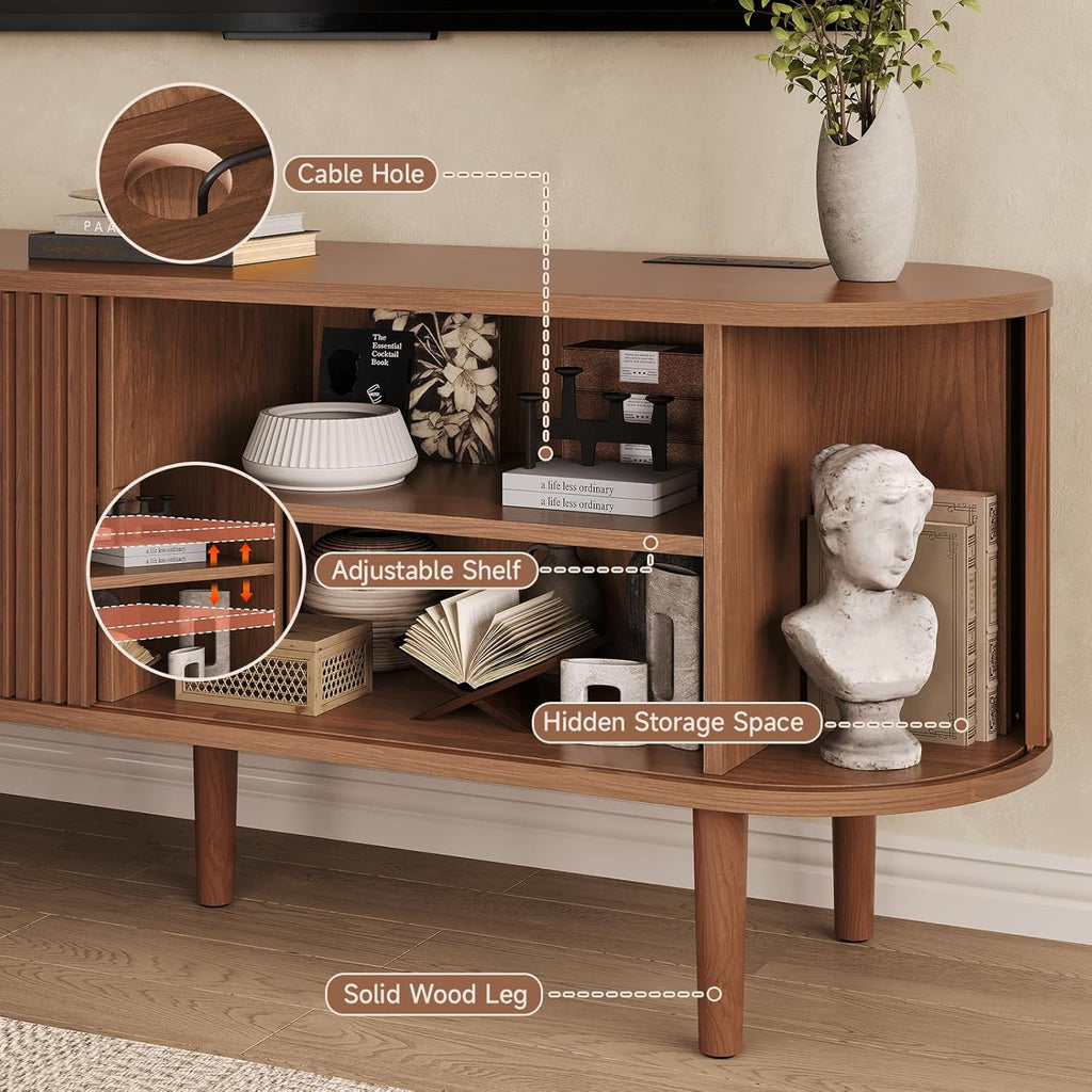 59" TV Stand for 65" TV with Power Outlet, Entertainment Center with Solid Wood Leg, Fluted TV Console with Adjustable Shelf & Sliding Door, Mid-Century Modern TV Stand for Living Room, Walnut