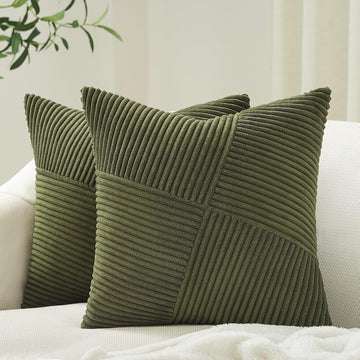 Olive Green Decorative Throw Pillow Covers Set of 2 18x18 Inches, Boho Aesthetic Home Decor, Soft Corduroy Striped
