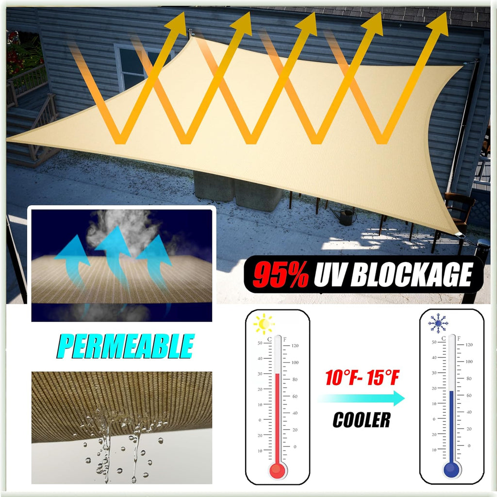 22' x 22' x 22' Beige Triangle Sun Shade Sail Outdoor Canopy Awning, UPF50+ AGTAPT22, 95% UV Blockage, Water & Air