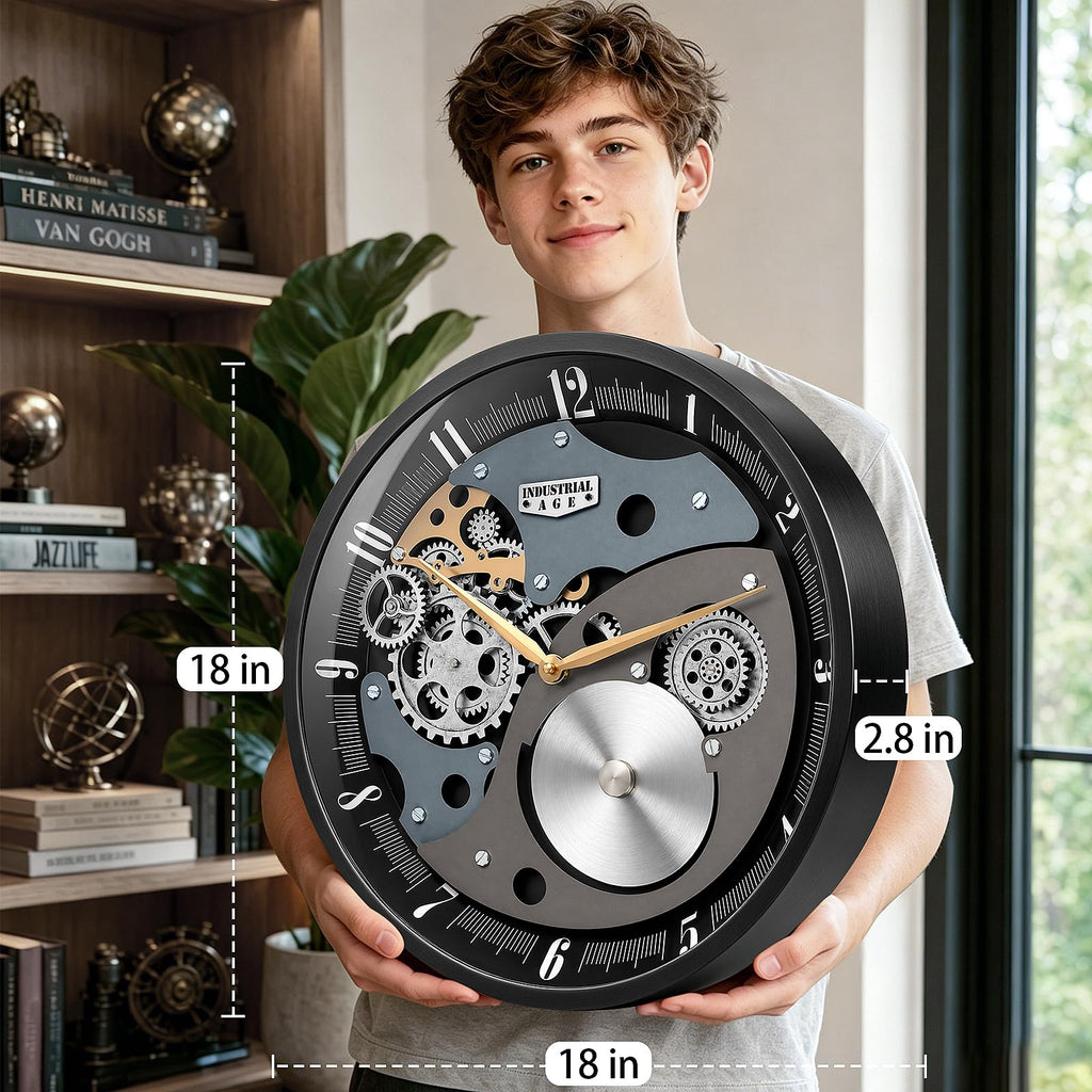Wall Clock with Moving Gears - 18" Industrial Steampunk Decor Wall Clock