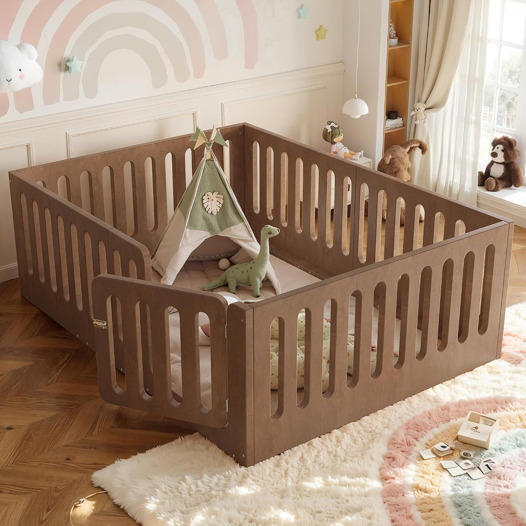 Full Size Wood Montessori Floor Bed Frame with High Fence, Natural | Modern Style Low-Profile Design Floor Bed with