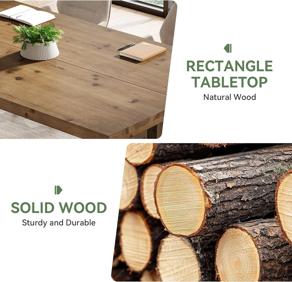 63-Inch Dining Table for 4-6, Solid Wood Kitchen Table with Large Tabletop and Heavy Duty Legs, Rectangular Farmhouse