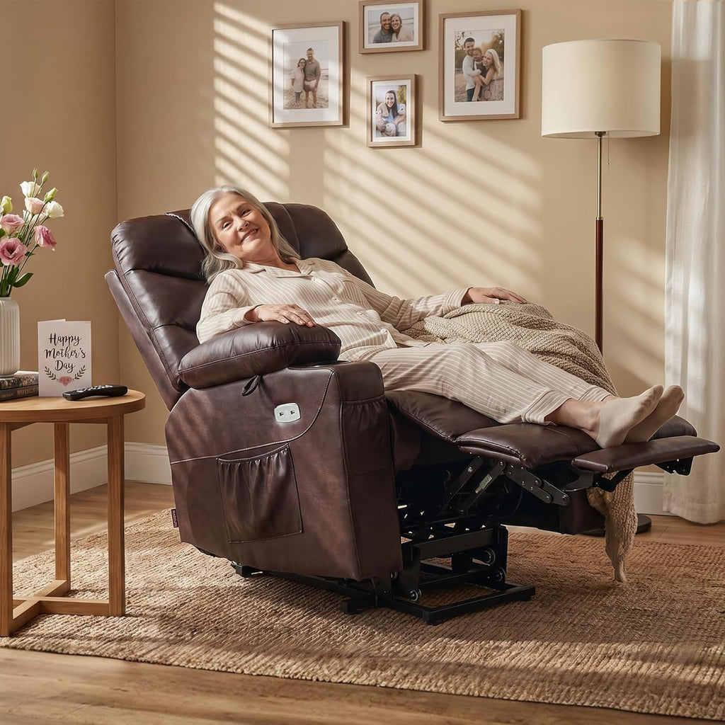 Power Lift Recliner Chair with Extended Footrest for Elderly People, for Mom, Faux Leather 7287 (Dark Brown, Medium)