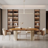 71" Oval Dining Table for 6, Brown Wood Dining Tabletop with White Dual-Pedestal, Mid-Century Modern Dining Room