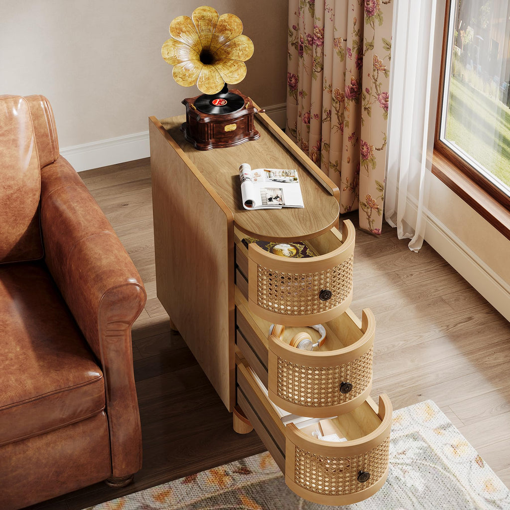 Solid Wood, 3-Drawer Rattan Side Table, Night Stand with 3 Rattan Drawers and Exquisite Embossed Handles, No