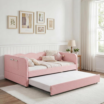 Full Size Gingham Day Bed with Trundle and Storage Pockets | Upholstered Daybed Living Room Guest Room-Pink
