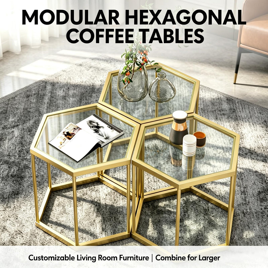 Hexagonal Modular Coffee, Gold Plated Frame, Tempered Glass Top, Geometric Accent Side, Multi-Purpose Nesting