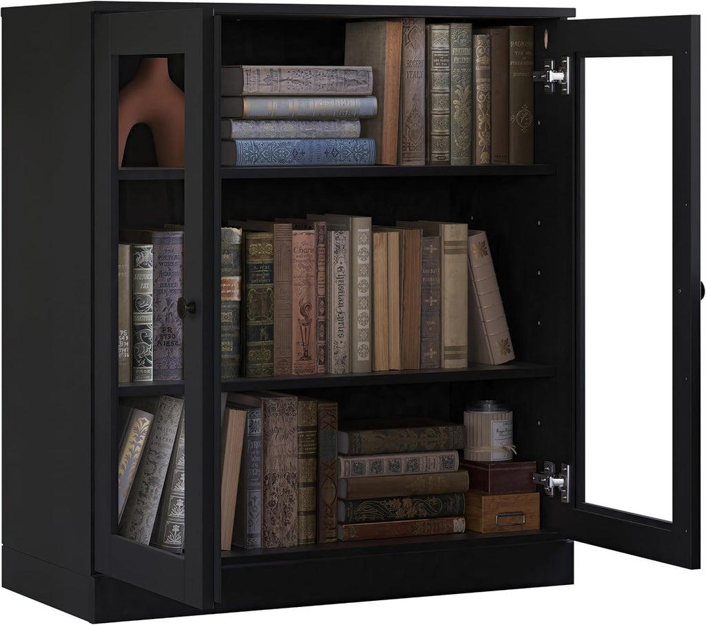 Solid Wood Bookcase - 32" Wide x 36" Short - Black, Wooden Bookshelf - Small Display Cabinet, Bookcase with Glass