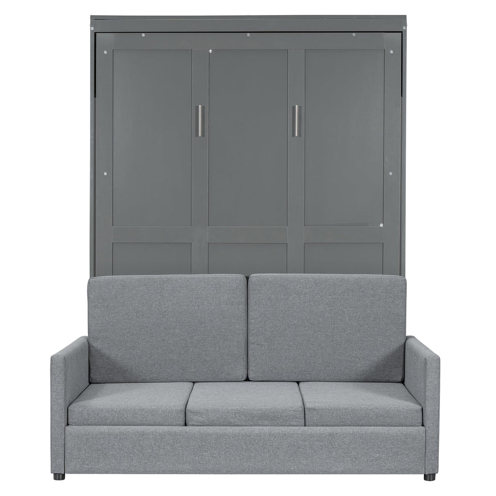 Full Size Murphy Bed, Wooden Full Murphy Bed with Cushion, Wall Bed with Sofa or Small Room, Gray