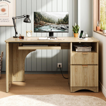 Computer Desk with Drawer, 55 inch Office Desk with Power Outlet, Modern Home Office Desk with Keyboard Tray (Natual
