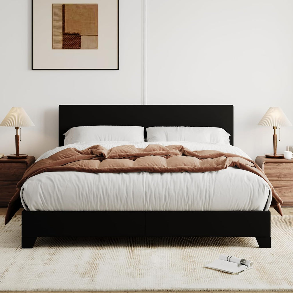 Queen Bed Frame with Adjustable Headboard, Faux Leather Platform Bed with Wood Slats, Heavy Duty Mattress Foundation