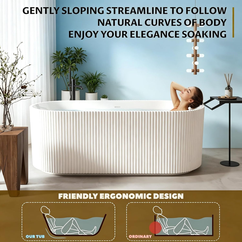 59 Inch Acrylic Freestanding Bathtub, Deep Soaking Tub with Non-Slip Base, cUPC Certified Free Standing Tub, Chrome