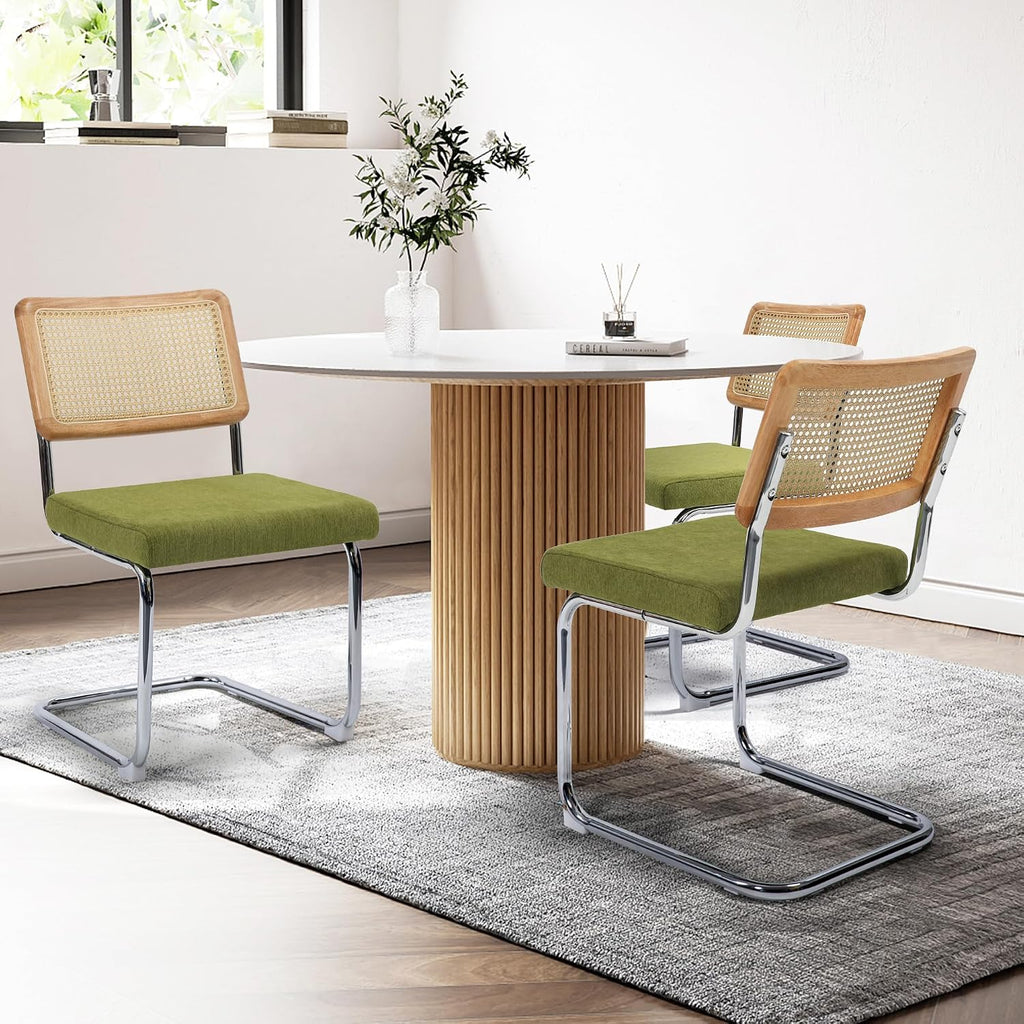 Dining Chairs Set of 4, Modern Rattan Kitchen Chairs, Mid Century Modern Design, Polished Chrome Frame, Upholstered